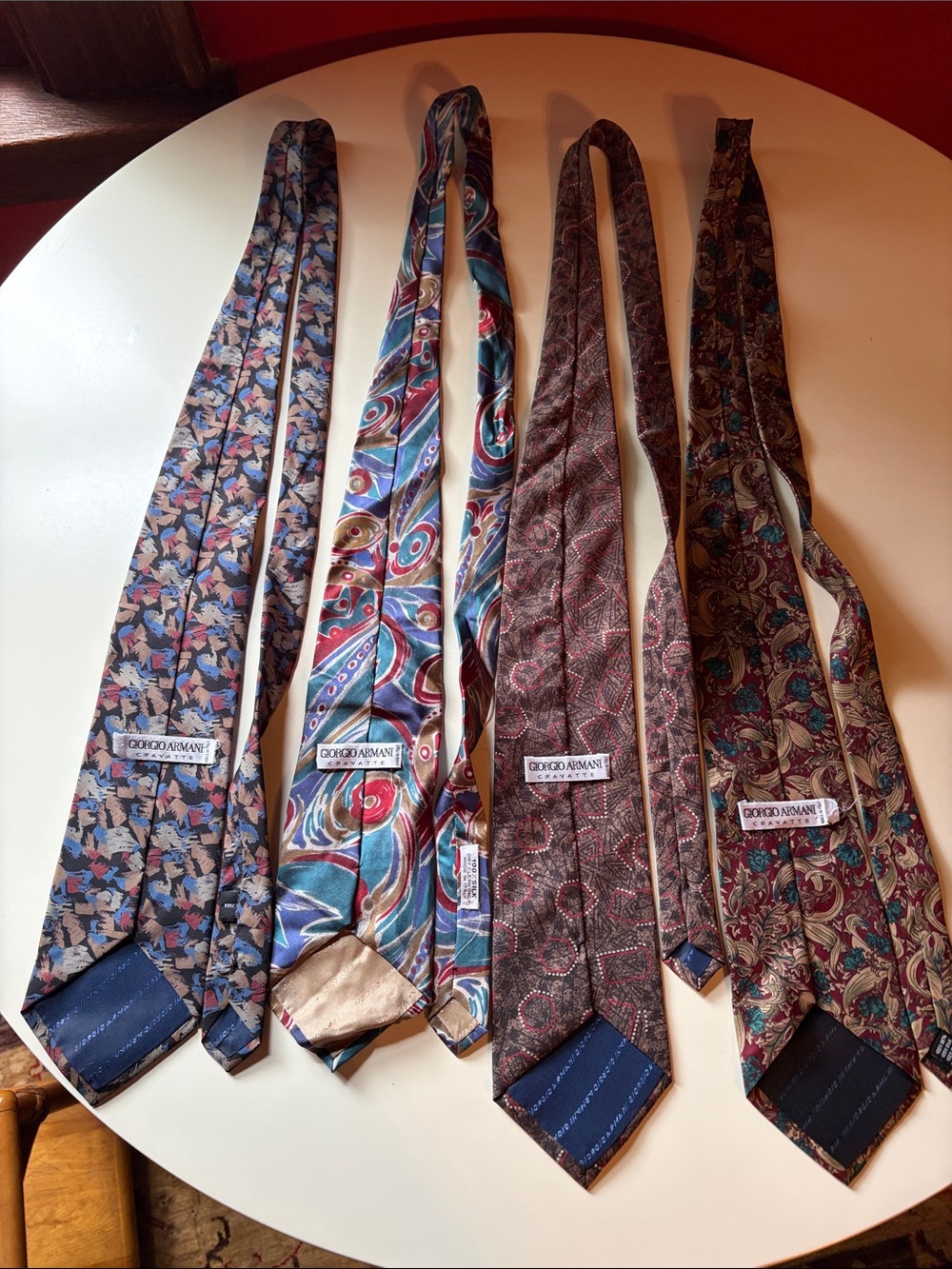 Giorgio Armani Set of Four Patterned Silk Ties in Blue, Teal, Brown and Red